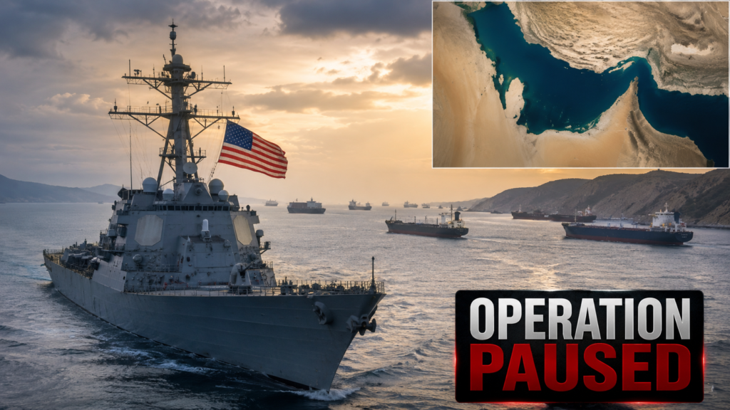 Trump Strait of Hormuz naval operation map with US Navy ships and oil tankers