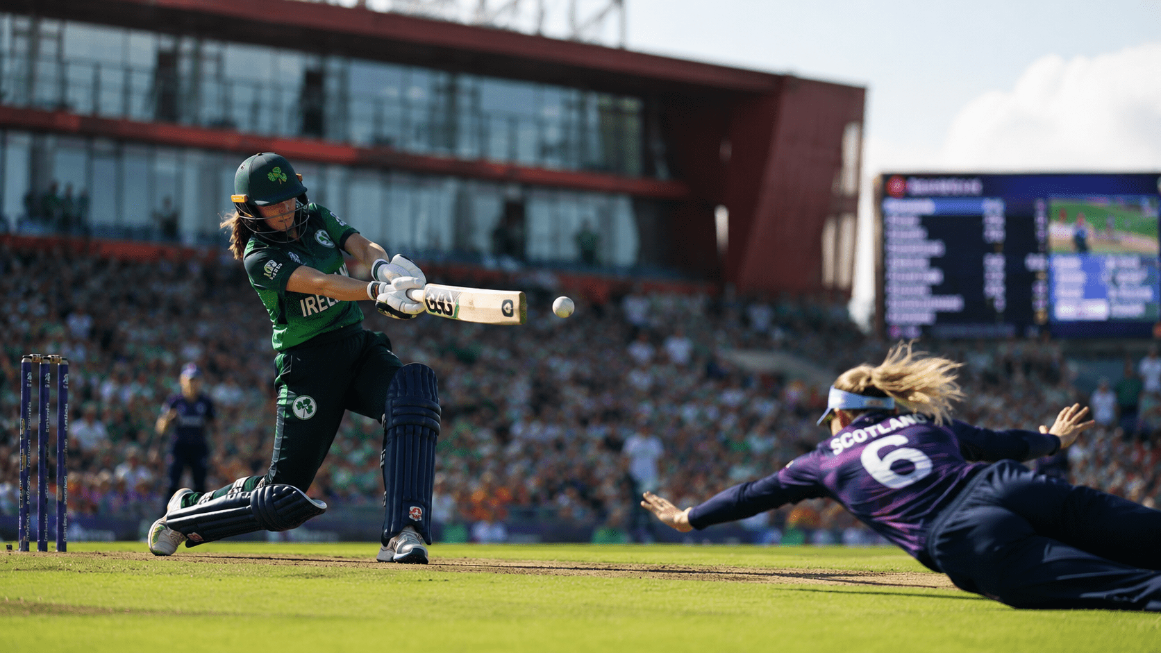 Ireland Women vs Scotland Women T20 World Cup 2026 match action at Old Trafford Manchester