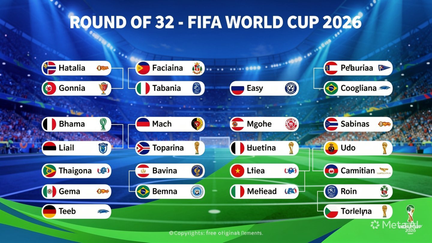 Stadium lights illuminate the pitch as the FIFA World Cup 2026 Round of 32 bracket takes shape