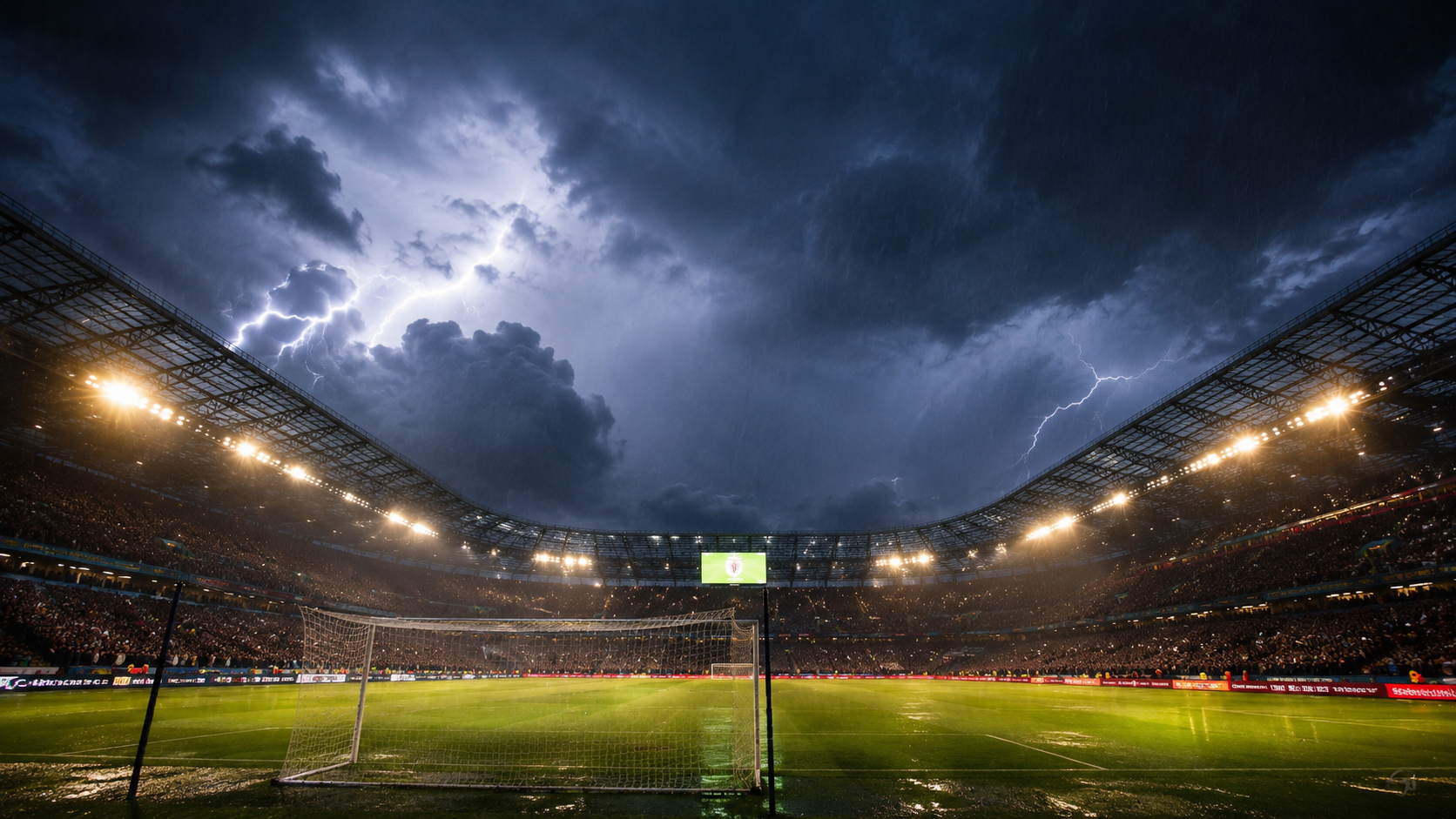 Stormy stadium skies during the France Iraq World Cup match weather delay