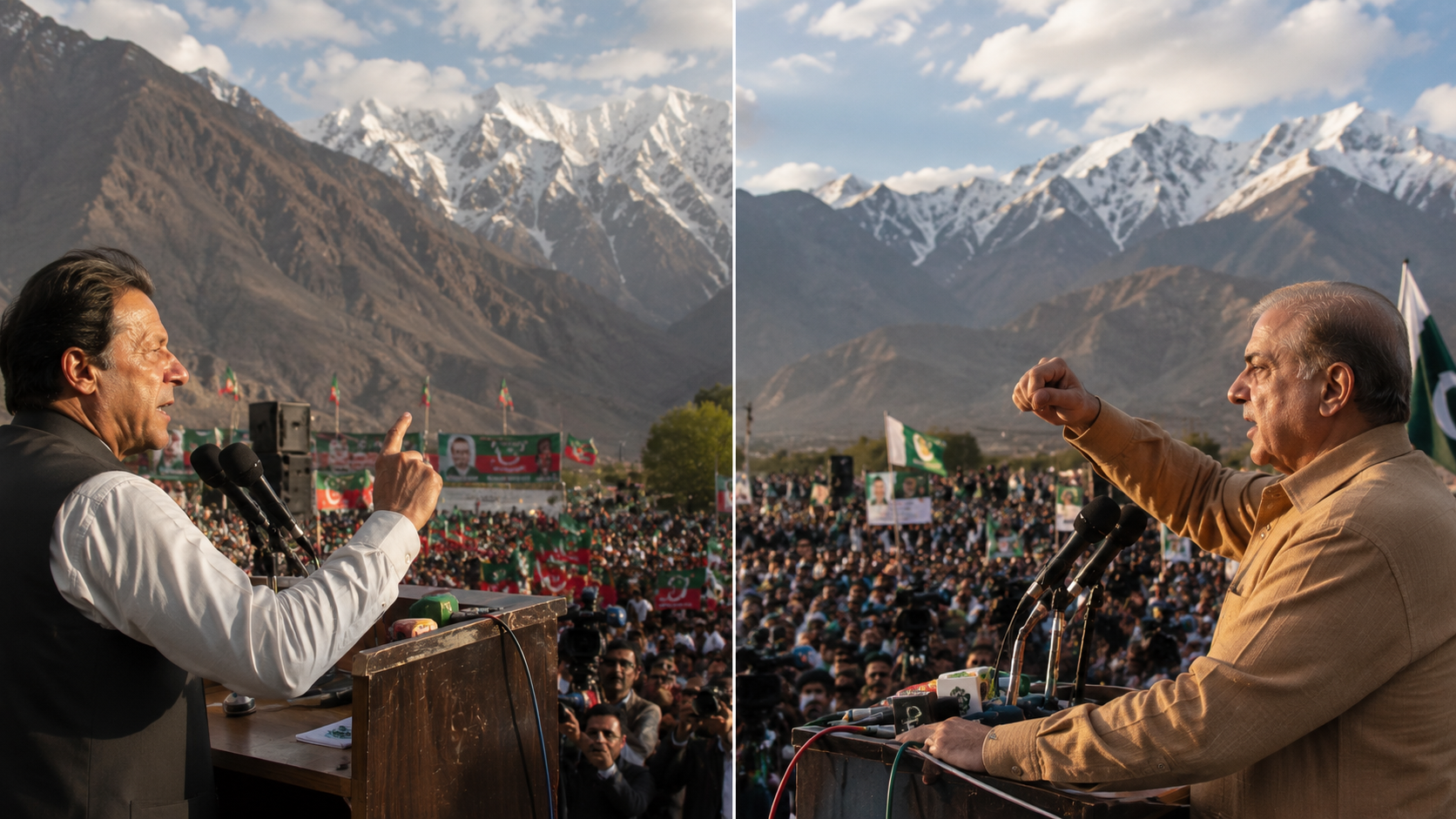 Pakistan political leaders campaigning at rally ahead of Gilgit-Baltistan elections 2026 with mountain backdrop