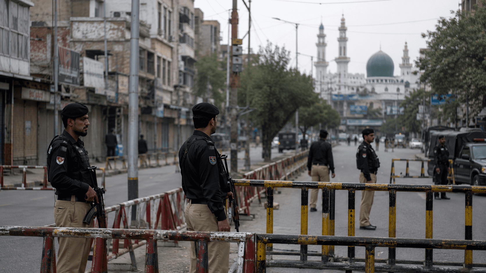 Police personnel stand guard as part of Muharram security arrangements ahead of 10th Muharram processions in Pakistan