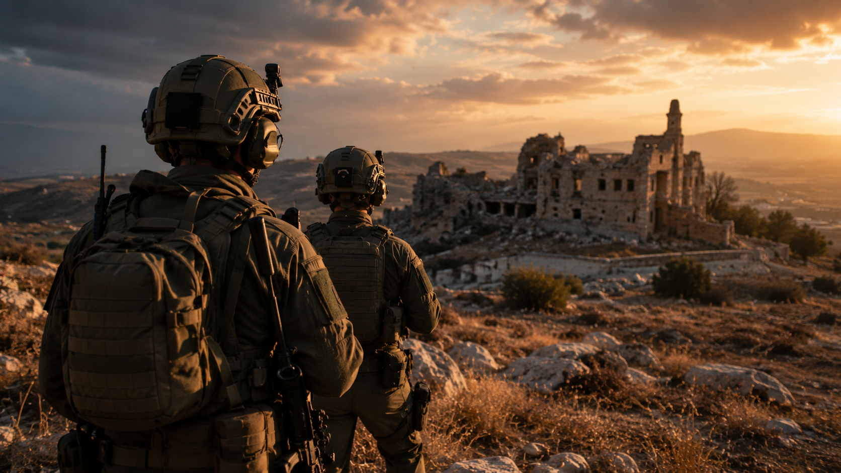 Military soldiers observe ruins during Israel Lebanon incursion as European leaders issue condemnation in 2026