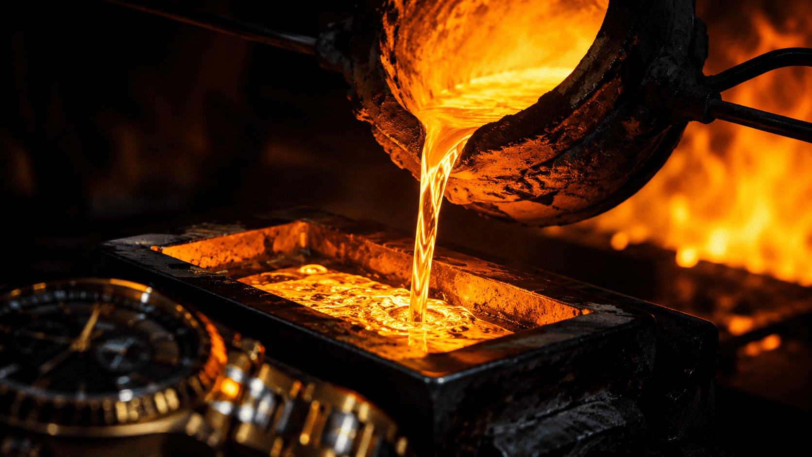 Gold rush melts luxury watches 2026 — molten gold poured from furnace as record gold prices send vintage luxury timepieces to the smelter