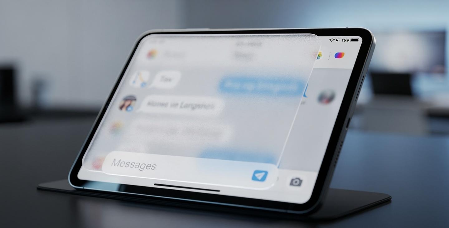 WhatsApp Liquid Glass design interface shown on iPad with translucent floating navigation bar
