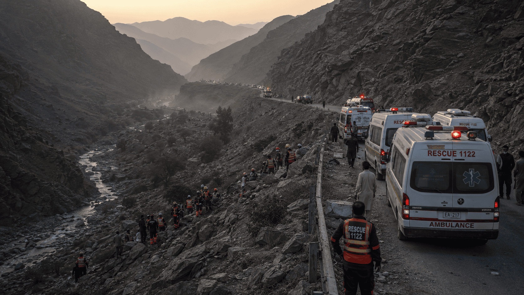 Rescue teams at the site of the Pakistan bus ravine tragedy on Sherani-Zhob highway
