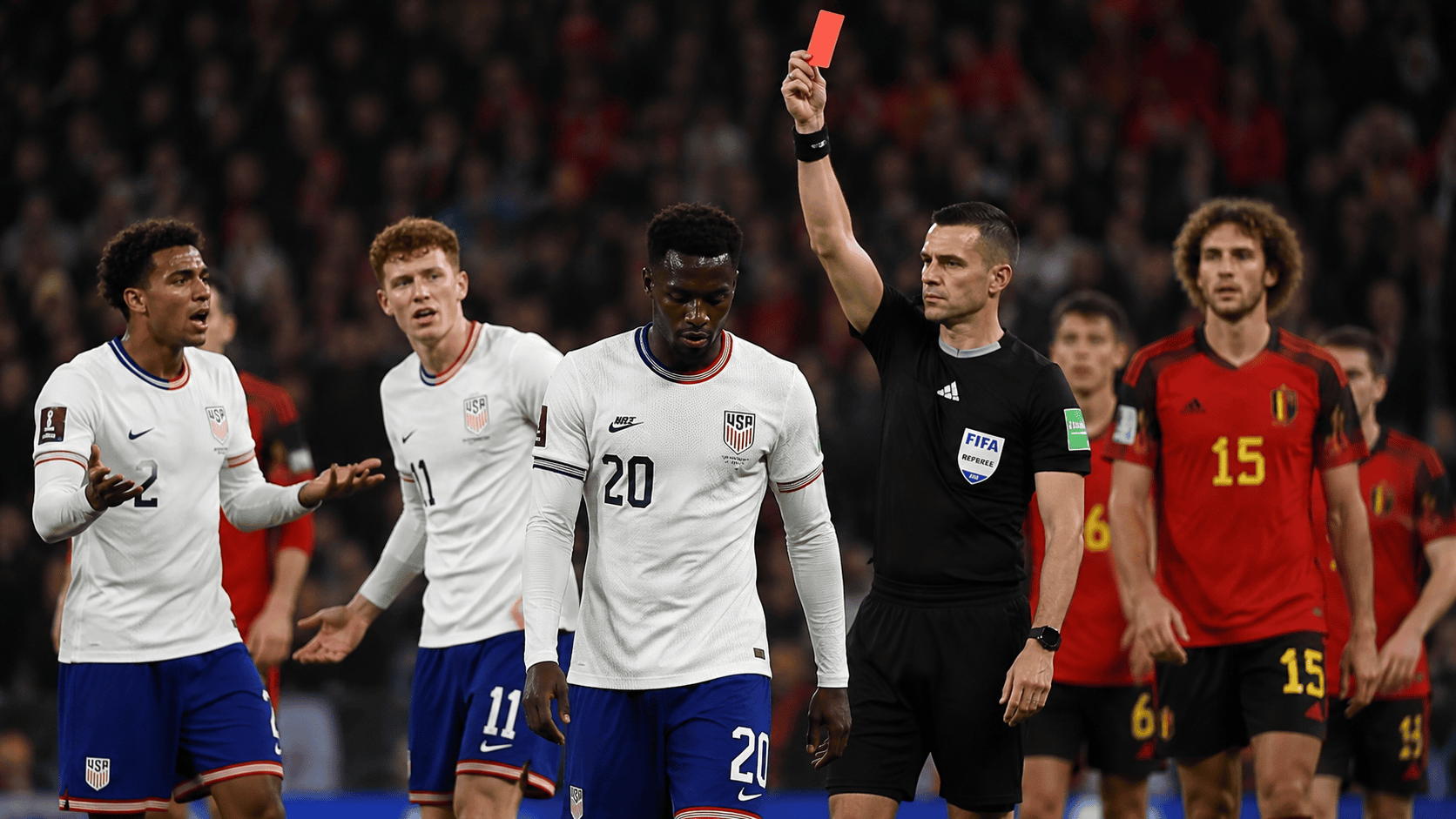USMNT Folarin Balogun Red Card during international football match against Belgium