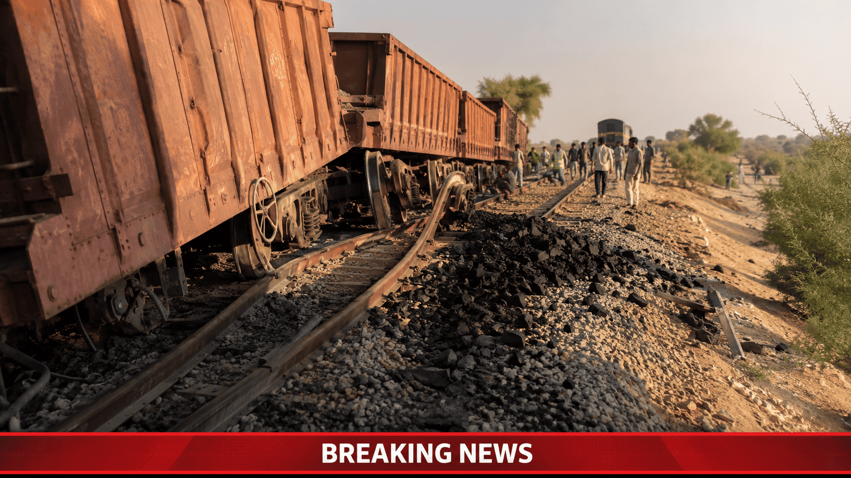 Sindh train derailment site near Matiari showing derailed freight wagons on Pakistan Railways track