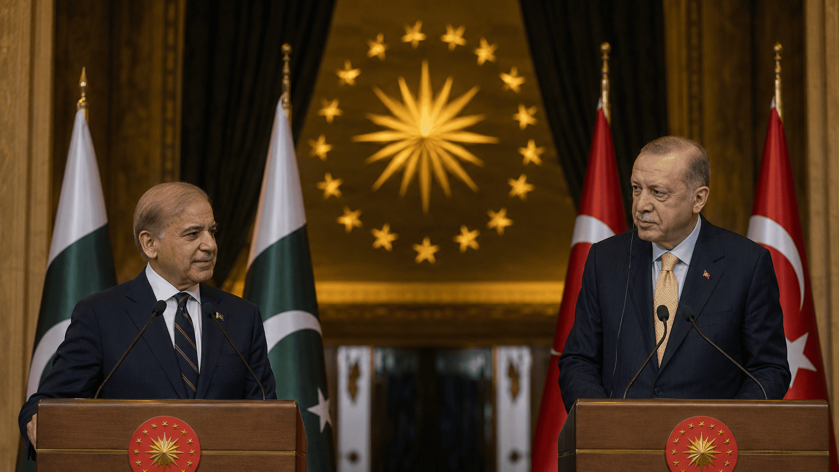Pakistan Turkiye economic partnership summit press conference in Istanbul with two national flags