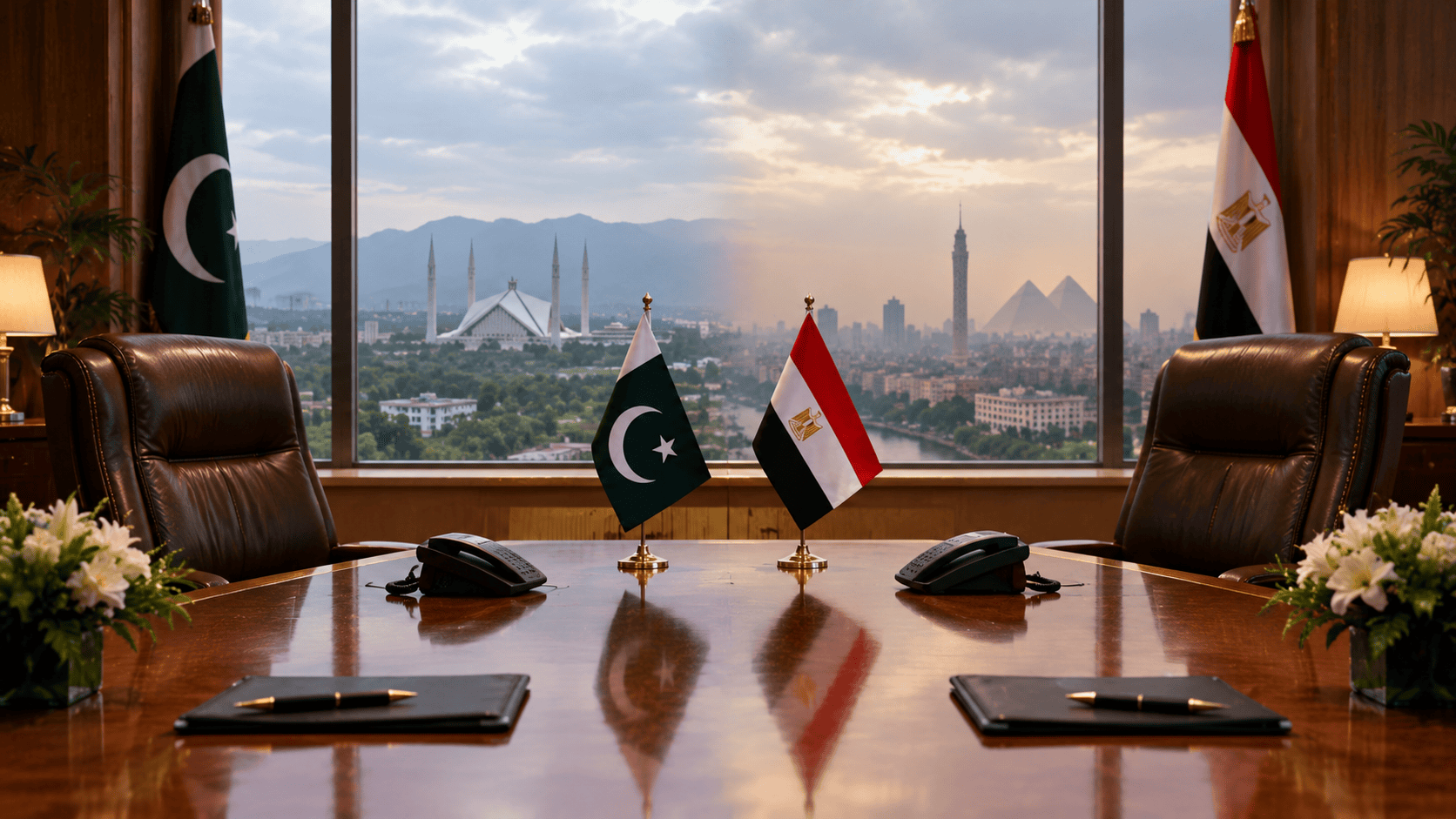 Pakistan Egypt dialogue: flags of Pakistan and Egypt on a diplomatic table during foreign ministers’ talks