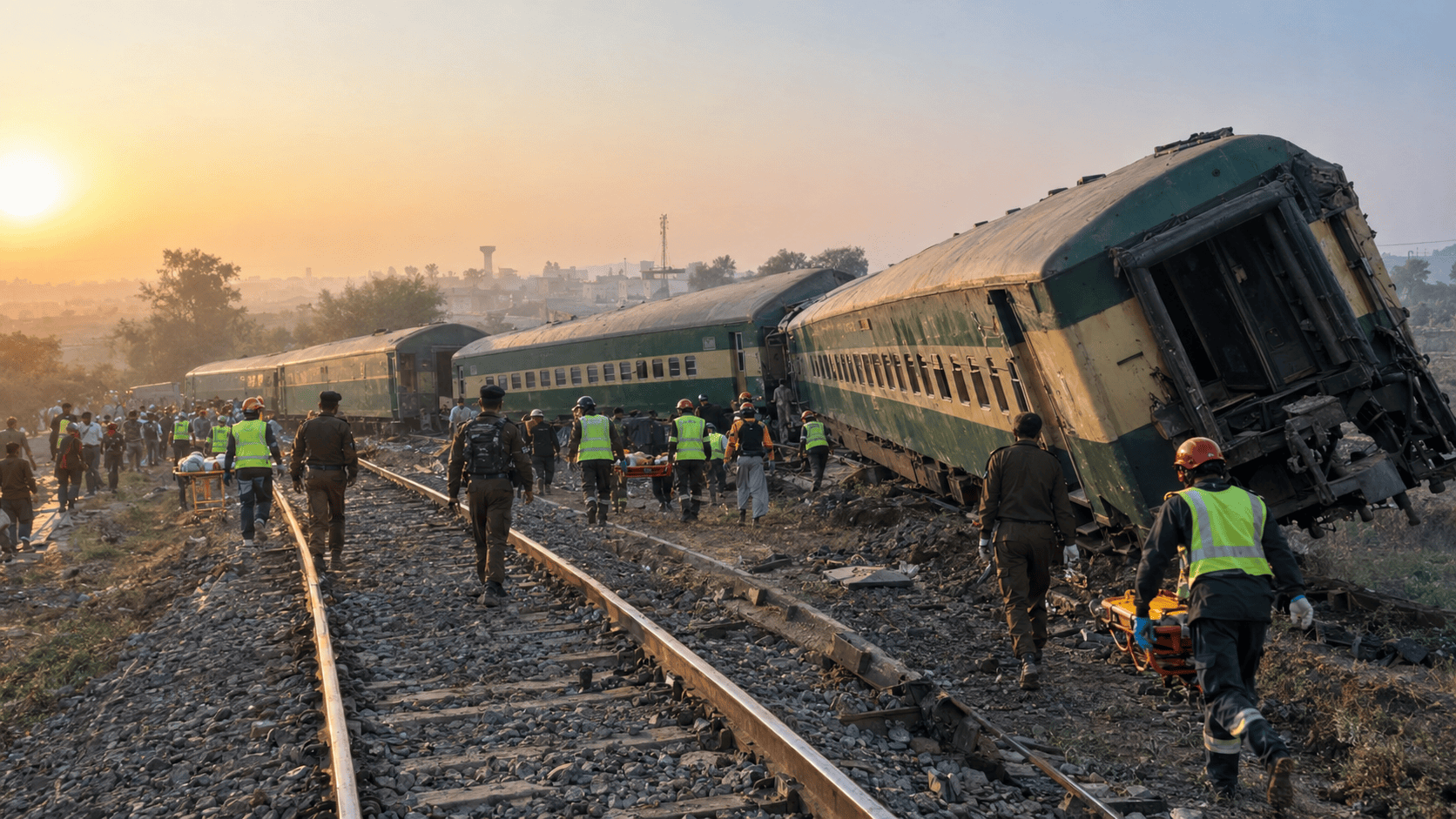 Multan train accident: rescue teams work beside derailed Rahman Baba Express coaches near Sher Shah in Punjab
