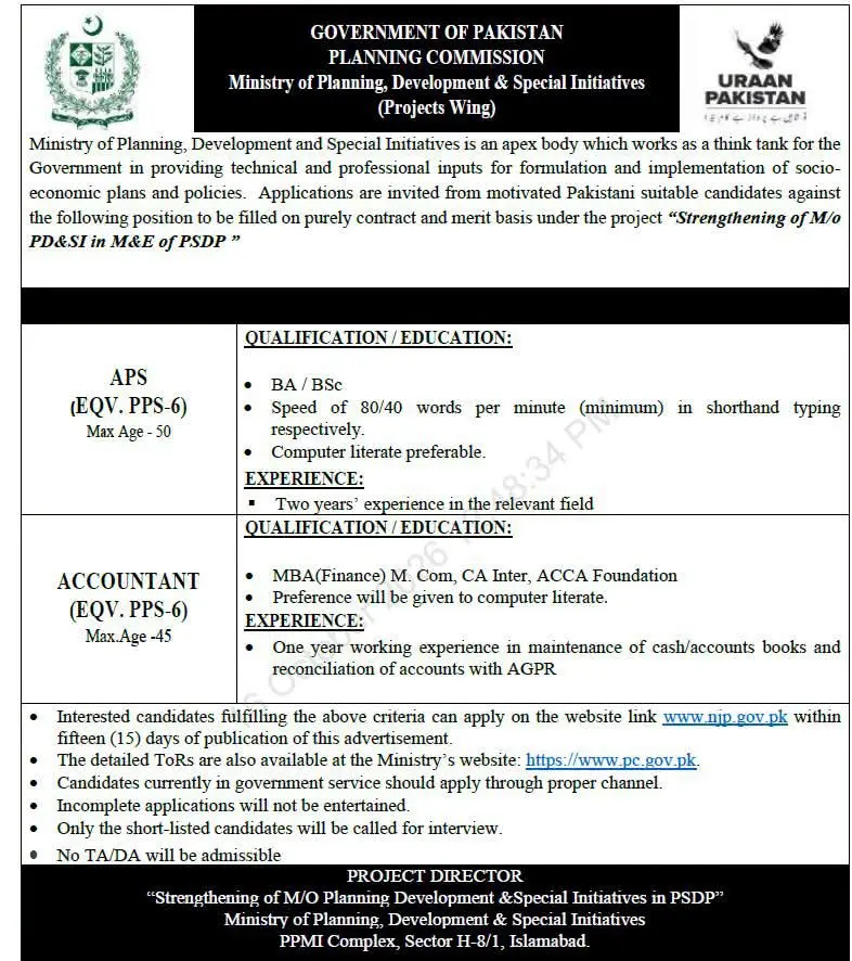 Planning Commission Projects Wing jobs advertisement 2026 for APS and Accountant