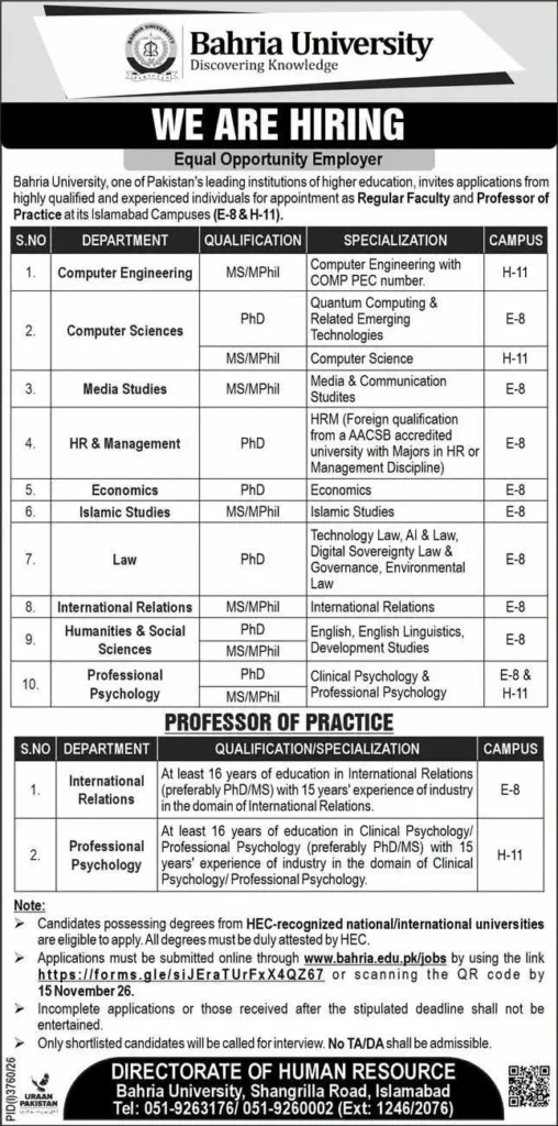 Bahria University Jobs 2026
Bahria University Islamabad faculty jobs advertisement 2026