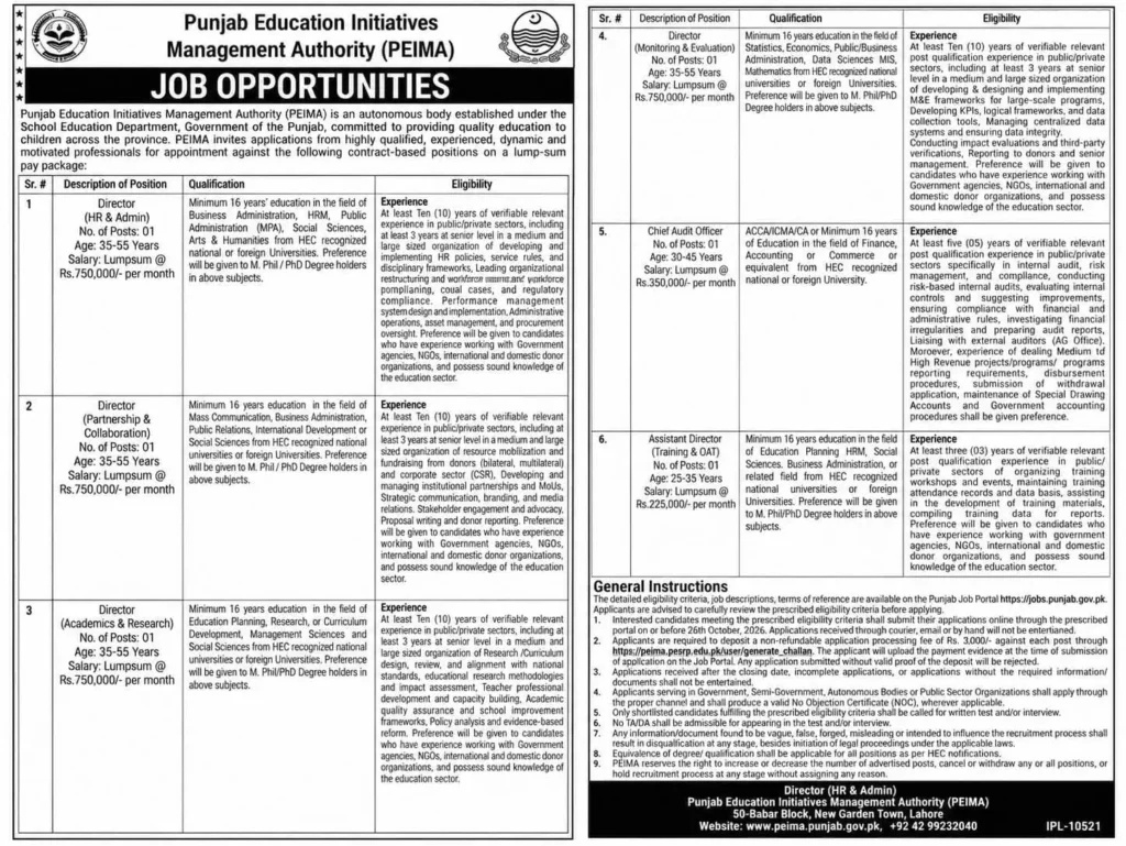 PEIMA Jobs 2026 for Director and Chief Audit Officer posts in Lahore