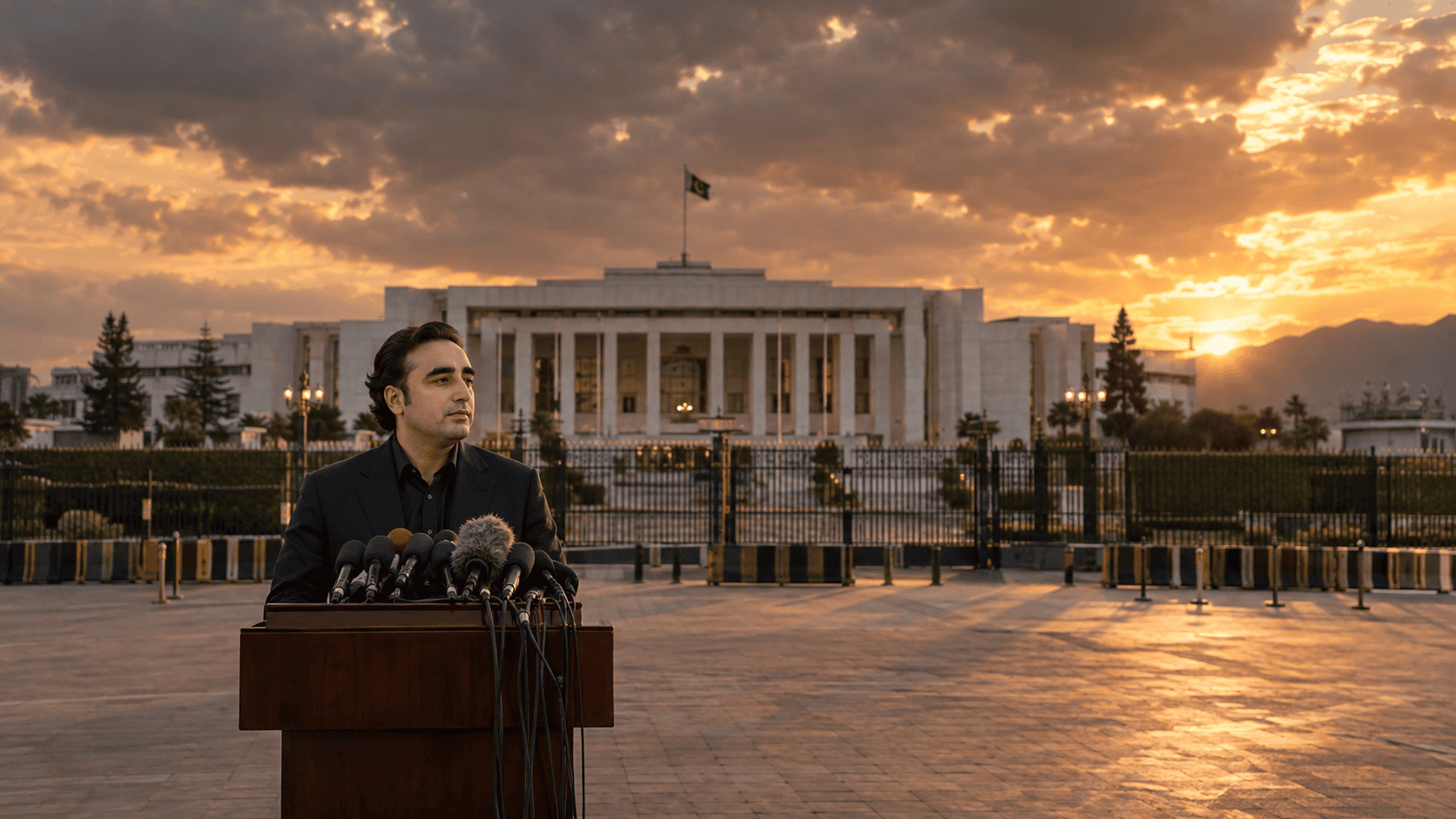 Bilawal PTI message: microphones at a podium in front of Parliament House in Islamabad at dusk