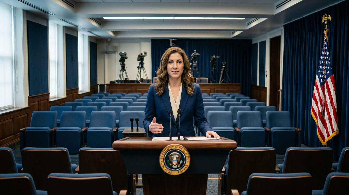 Katie Zacharia press secretary exit shown by an empty White House briefing room podium
