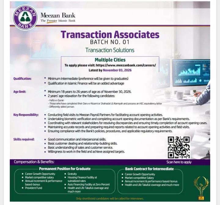 Meezan Bank Jobs 2026 Transaction Associates | Pakkhabar